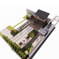 Courtyard Garden Design Featuring Stone Pathway Lawn Trees Wooden Structure And Outdoor Seating