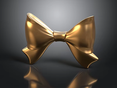 Elegant Shiny Golden Bowtie Decoration With Metallic Finish And Reflective Base 3d model