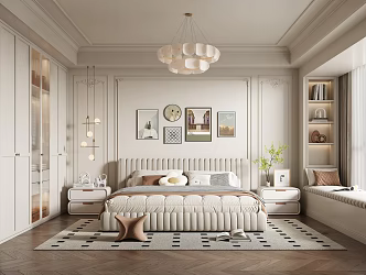 French Cream Style Bedroom Master Bedroom Double Bedding Hanging Picture Chandelier Bedside Cabinet Bay Window Cabinet 3d model