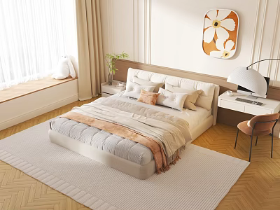 Cozy Double Bed with Beige Curtains Flower Painting Nightstand Plant Desk Chair and Wooden Floor 3d model