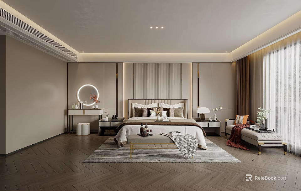 Elegant Modern Bedroom Interior Design With Herringbone Floor Upholstered Headboard Bed Bench And Round Mirror 3d model 