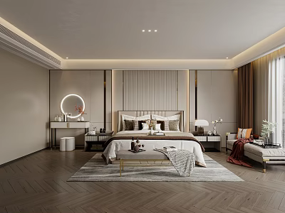 Elegant Modern Bedroom Interior Design With Herringbone Floor Upholstered Headboard Bed Bench And Round Mirror 3d model