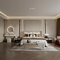Elegant Modern Bedroom Interior Design With Herringbone Floor Upholstered Headboard Bed Bench And Round Mirror