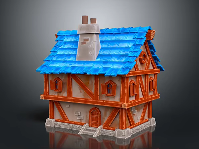 Cartoon Scene of a Charming House with Blue Tiled Roof Brown Wooden Frames and Chimney 3d model