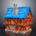 Cartoon Scene of a Charming House with Blue Tiled Roof Brown Wooden Frames and Chimney
