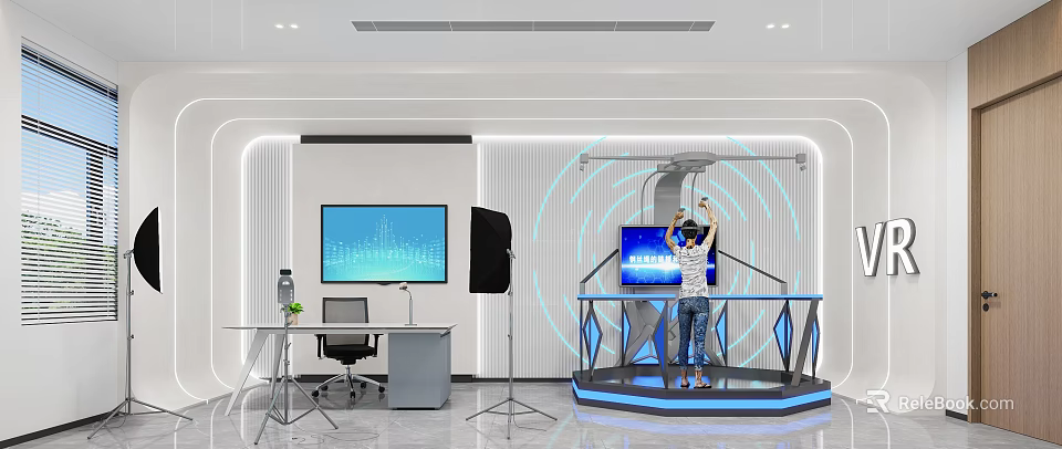 Person Using VR Headset In Tech Environment On Illuminated Platform With Data Screens 3d model 