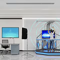 Person Using VR Headset In Tech Environment On Illuminated Platform With Data Screens