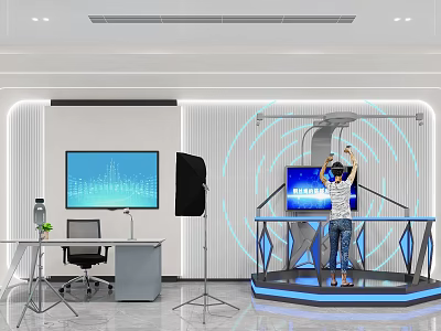 Person Using VR Headset In Tech Environment On Illuminated Platform With Data Screens 3d model