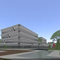 Modern Office Building With Glass Curtain Wall Greenery Pool And Courtyard