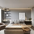 Modern Bedroom Interior With Gray Beige Bedding Black White Line Art And Built in Wardrobes