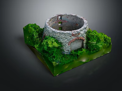 Stone Circular Structure Model With Lush Green Vegetation And Entrance Details 3d model