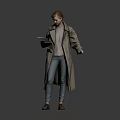 Woman In Beige Trench Coat And Light Pink Turtleneck Looking At Tablet Against Light Background