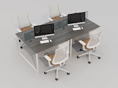 Modern Office Desk With Wooden Desktop Multiple Computers Glass Dividers And White Office Chairs 3d model