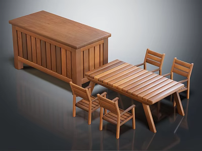 Outdoor Wooden Dining Table with Matching Chairs and Storage Bench Set 3d model