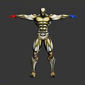 Metallic Armored Robot With Red Blue Gloves And Outstretched Arms