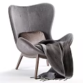 Modern Accent Chair with Gray Fabric Wooden Legs and Plaid Blanket Design