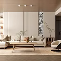 Modern Living Room With TV Wall Fireplace Wooden Coffee Table Green Plant Bookshelf And Rug