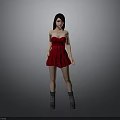 Woman in red strapless belted dress wearing gray boots against gray background