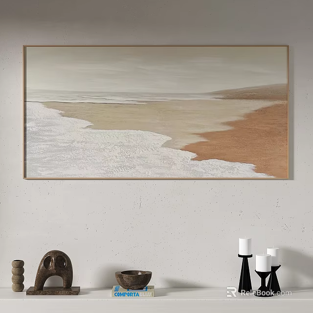 Minimalist Abstract Painting of Coastal Waves and Sandy Beach in Soft Neutral Tones 3d model 