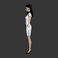 Woman In White Dress With High Heels Standing Arms Outstretched On Black Background