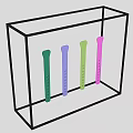 Transparent Display Case With Black Frame Holding Four Colorful Strip Objects