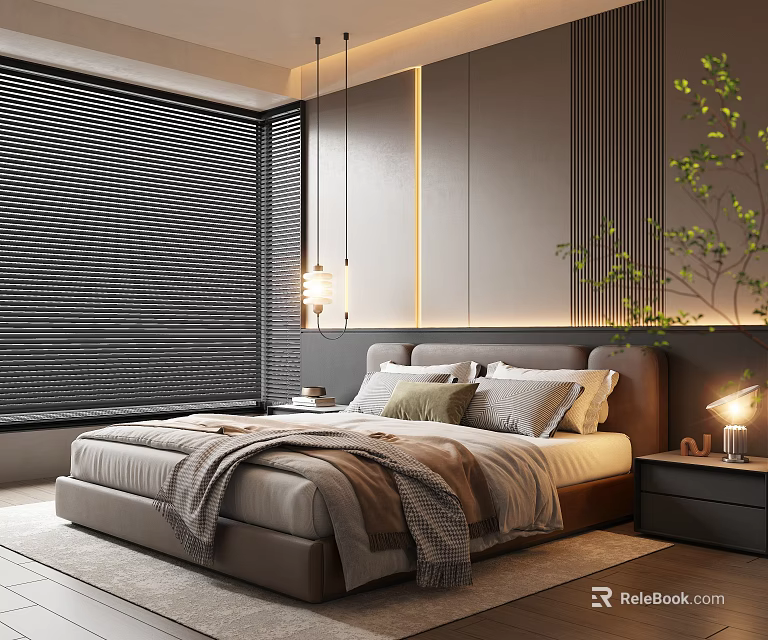 Modern Bedroom Interior With Black Blinds Vertical Striped Wall And Hanging Pendant Lights 3d model 
