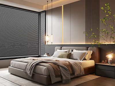 Modern Bedroom Interior With Black Blinds Vertical Striped Wall And Hanging Pendant Lights 3d model