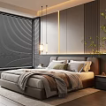 Modern Bedroom Interior With Black Blinds Vertical Striped Wall And Hanging Pendant Lights