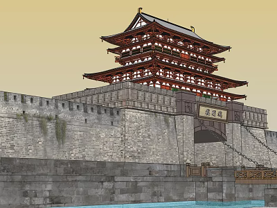 Ancient Architecture With Multi Tiered Tower City Wall Inscription Board And Surrounding Moat 3d model