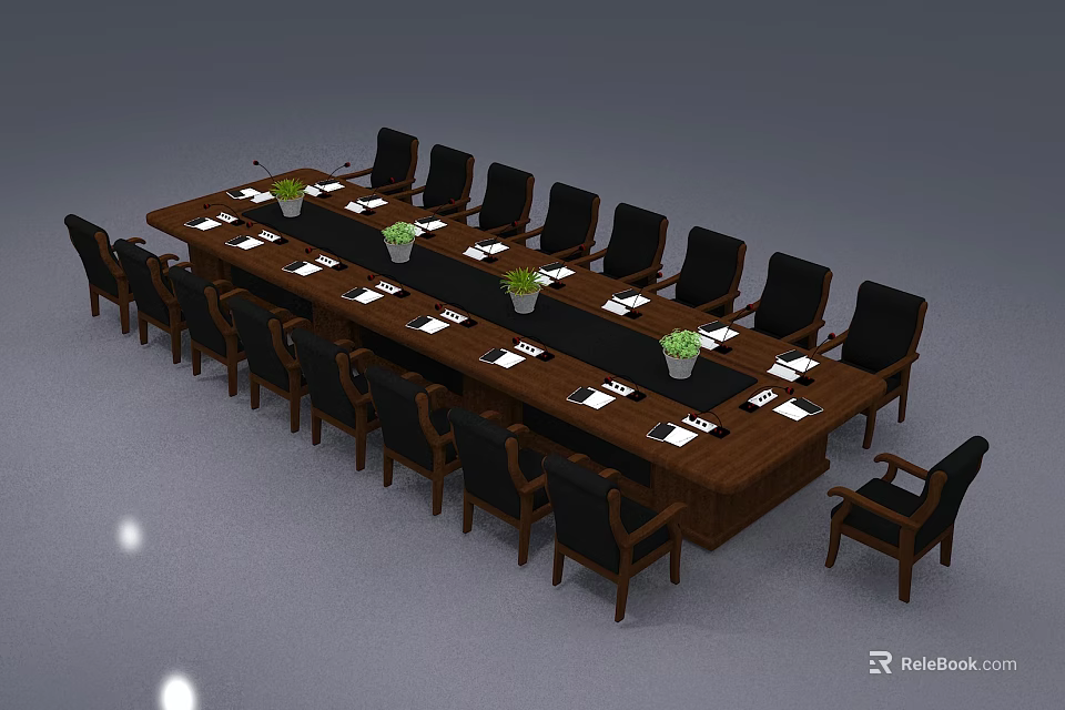Wooden Conference Table with Black Chairs Small Green Plants and White Documents in Office 3d model 