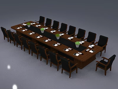 Wooden Conference Table with Black Chairs Small Green Plants and White Documents in Office 3d model