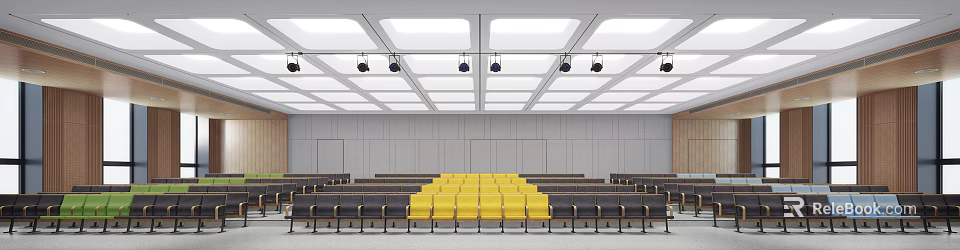 Modern Conference Room Interior With Neatly Arranged Yellow Gray Seats White Ceiling Square Lights 3d model 