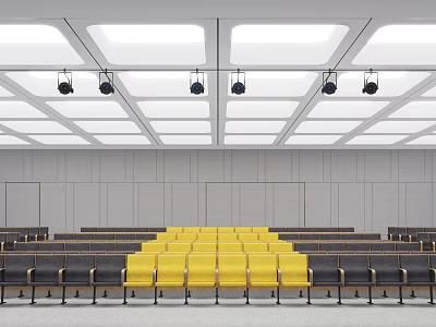 Modern Conference Room Interior With Neatly Arranged Yellow Gray Seats White Ceiling Square Lights 3d model