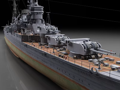 Large Warship With Turrets And Deck Details 3d model