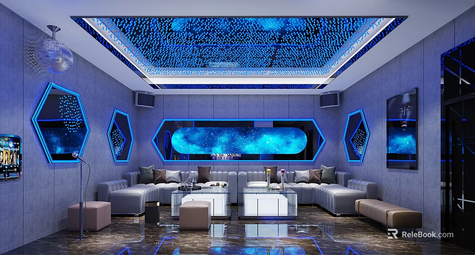 Modern KTV Room With Blue Starry Ceiling And Sofas 3d model 