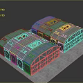 Two Modern Industrial Buildings With Arch Roofs Orange Skylights And Metal Glass Structure