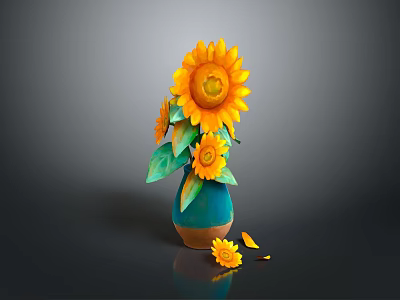 Teal And Brown Vase With Sunflowers And Fallen Petals On Gray Background 3d model