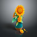 Teal And Brown Vase With Sunflowers And Fallen Petals On Gray Background