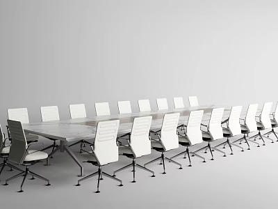 Modern Conference Table with White Office Chairs on Wheels in Minimalist Meeting Room Setup 3d model