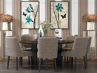 Modern Dining Table Set With Upholstered Chairs And Blue Floral Butterfly Paintings With Flower Bouquets 3d model