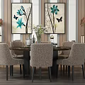 Modern Dining Table Set With Upholstered Chairs And Blue Floral Butterfly Paintings With Flower Bouquets