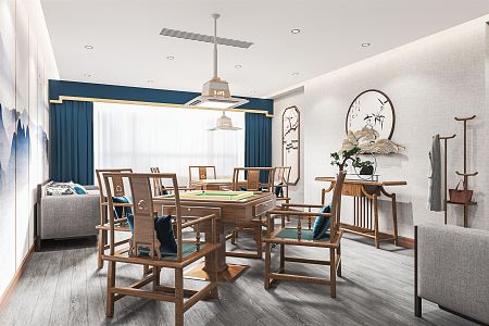 New Chinese Chess and Card Room Mahjong Room Mahjong Table Combination Mahjong House Tea Table and Chair Decorative Cabinet Background Wall 3d model