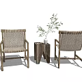 Stylish Table and Chair Set with Wicker Chairs Wooden Side Table White Vase Green Plant