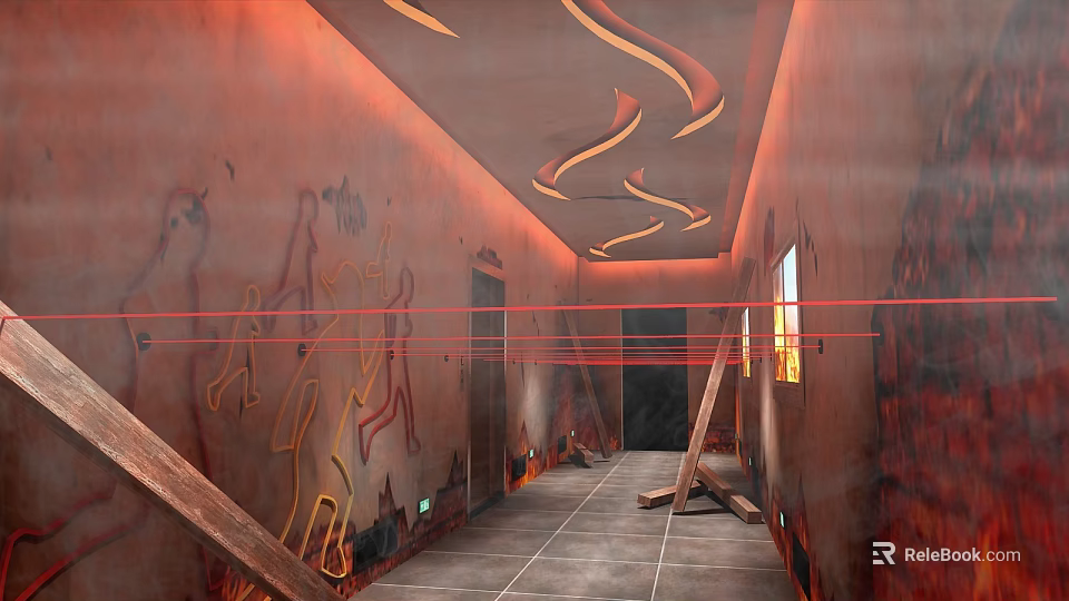 Elevator Hallway Featuring Red Walls Graffiti Gray Tiled Floor Ceiling Light Strips Ladder Laser Beams 3d model 