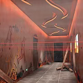 Elevator Hallway Featuring Red Walls Graffiti Gray Tiled Floor Ceiling Light Strips Ladder Laser Beams 3d model