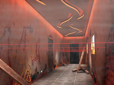 Elevator Hallway Featuring Red Walls Graffiti Gray Tiled Floor Ceiling Light Strips Ladder Laser Beams 3d model