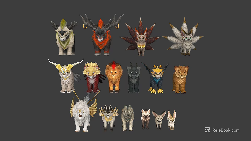 Fantasy Animal Characters With Unique Horns Fur Colors And Mythical Designs 3d model 