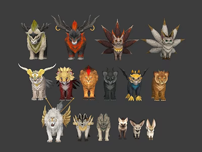 Fantasy Animal Characters With Unique Horns Fur Colors And Mythical Designs 3d model