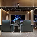 Modern Home Theater Room Interior With Starry Ceiling Blue Seats And Wooden Walls