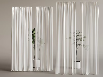 Elegant White Curtains Hanging With Green Plants In White Pots On Gray Background 3d model